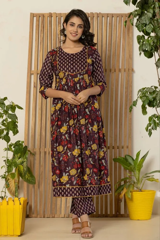 Wine Floral Print Anarkali Kurti Pant Set with Dupatta for Women