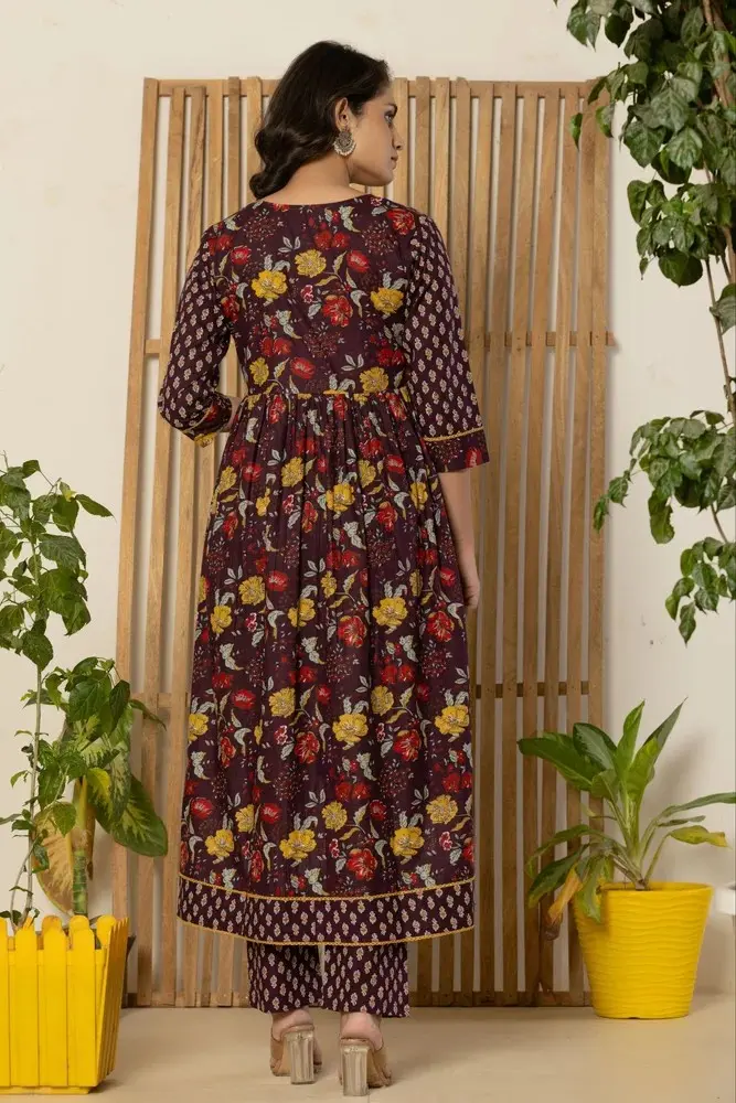 Wine Floral Print Anarkali Kurti Pant Set with Dupatta for Women