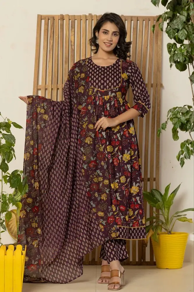 Wine Floral Print Anarkali Kurti Pant Set with Dupatta for Women