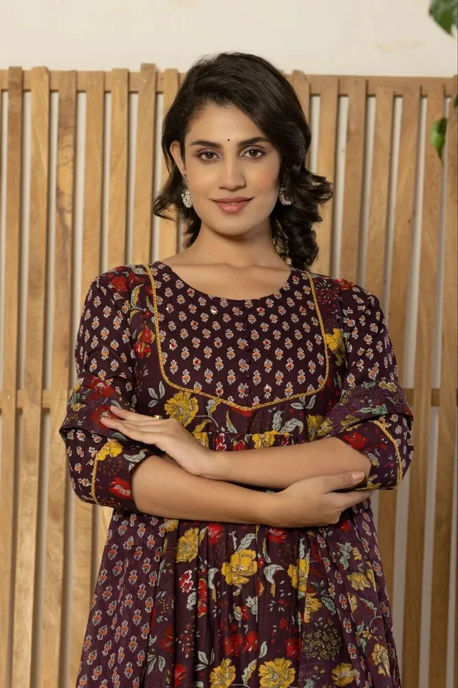Wine Floral Print Anarkali Kurti Pant Set with Dupatta for Women