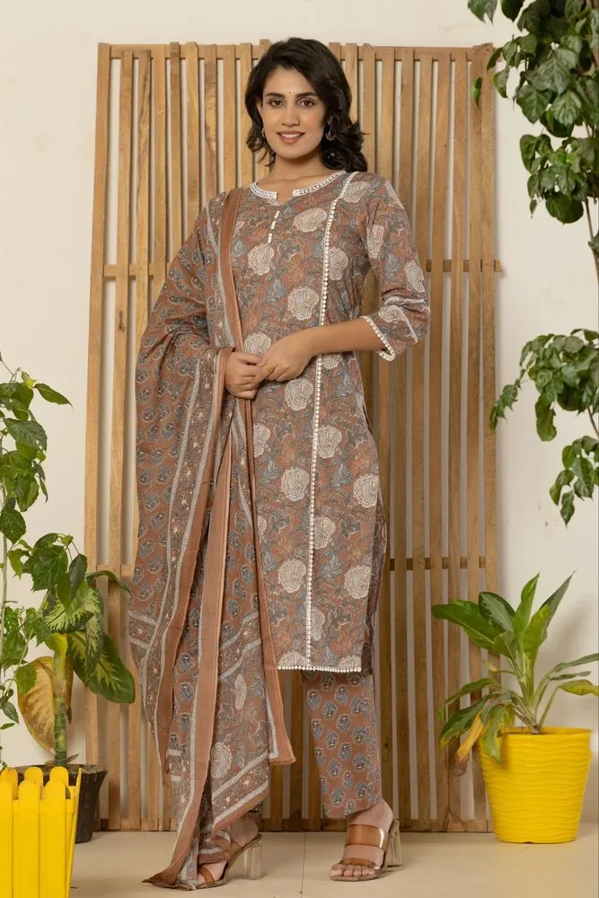 Brown Kurti Pant Set with Dupatta Classi...