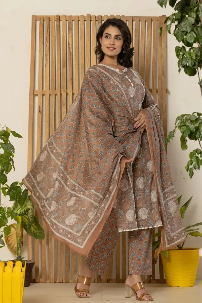 Brown Kurti Pant Set with Dupatta Classic Women Ethnic Outfit