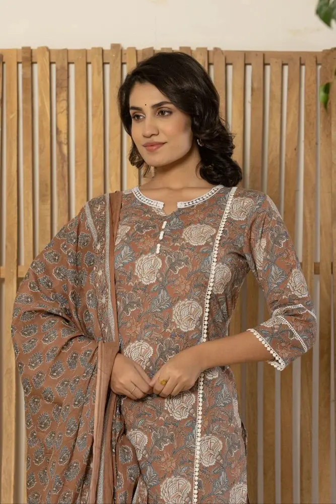 Brown Kurti Pant Set with Dupatta Classic Women Ethnic Outfit