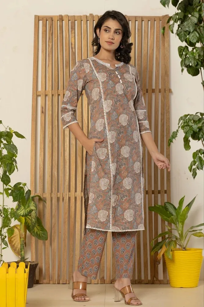 Brown Kurti Pant Set with Dupatta Classic Women Ethnic Outfit