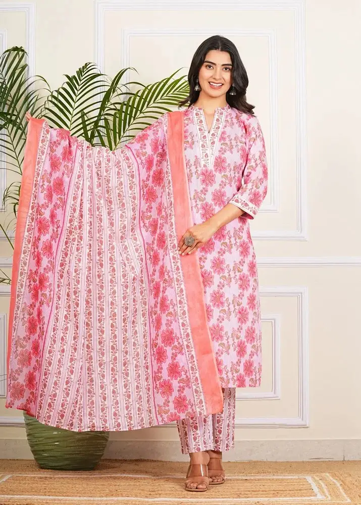 Pink Lining Kurti Pant Set with Dupatta...