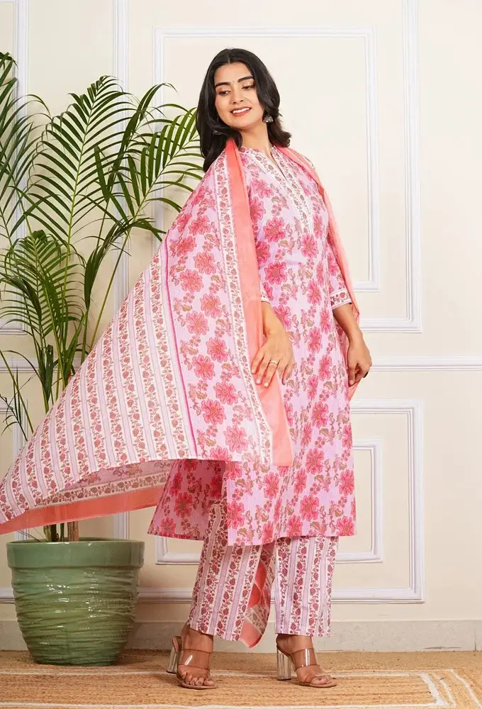 Pink Lining Kurti Pant Set with Dupatta Women Ethnic Fashion
