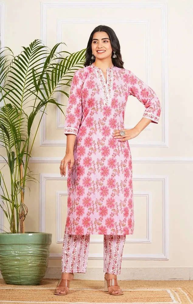Pink Lining Kurti Pant Set with Dupatta Women Ethnic Fashion