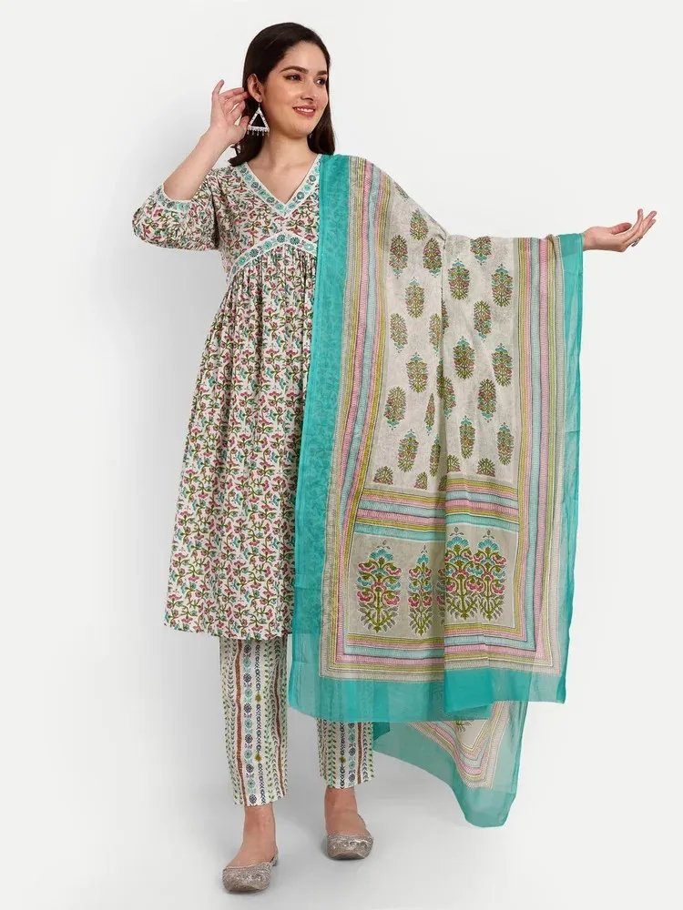 Green Alia Cut Kurti Pant Set with Dupat...