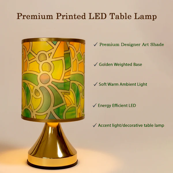 Premium Designer Printed LED Table Lamp for Home Décor | Artistic Pattern Fabric Shade with Golden Base | Soft Ambient Night Lamp for Bedroom, Living Room, Study & Gifting | Energy Efficient Warm Light