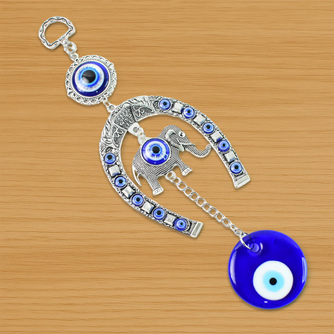 Decorative Evil Eye Hanging with Elephant and Horseshoe Motif, Wind Chime (1 Pc)