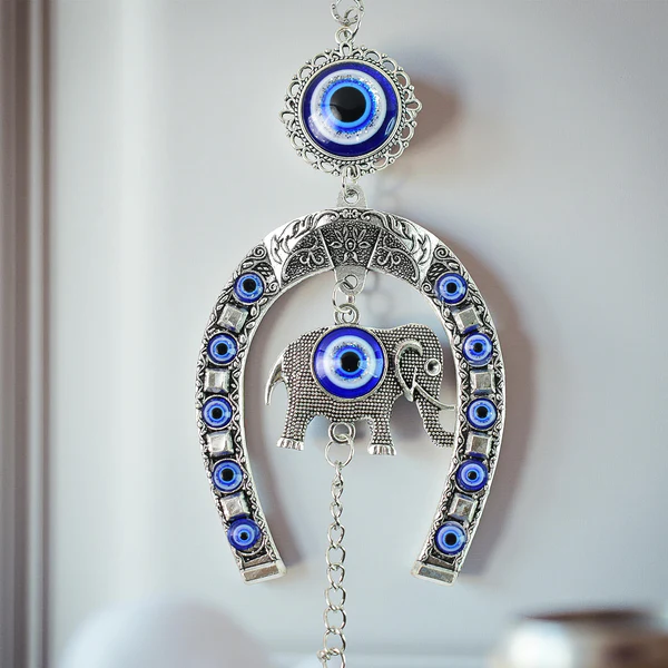 Decorative Evil Eye Hanging with Elephant and Horseshoe Motif, Wind Chime (1 Pc)
