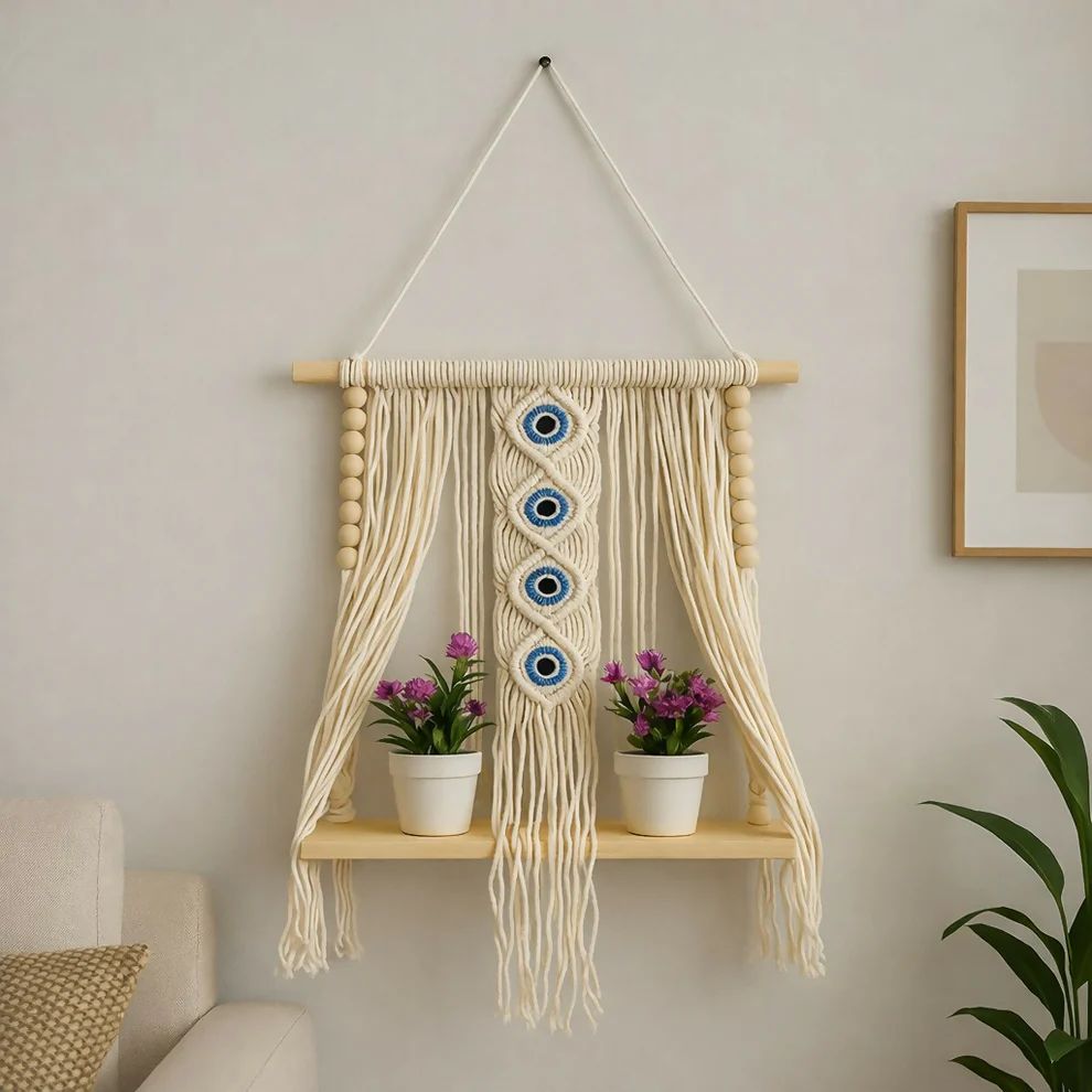 Macrame Wall Hanging Shelf with Evil Eye...