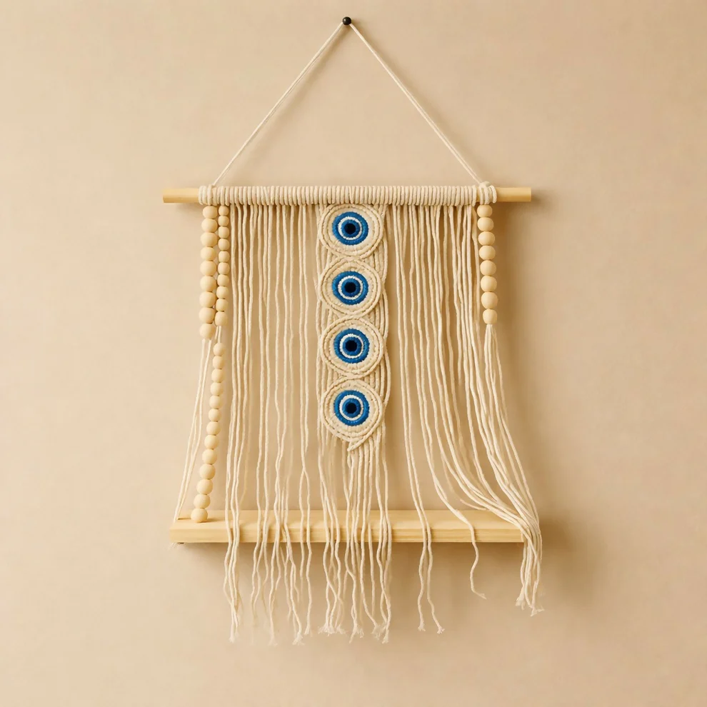 Macrame Wall Hanging Shelf with Evil Eye Decor for Home
