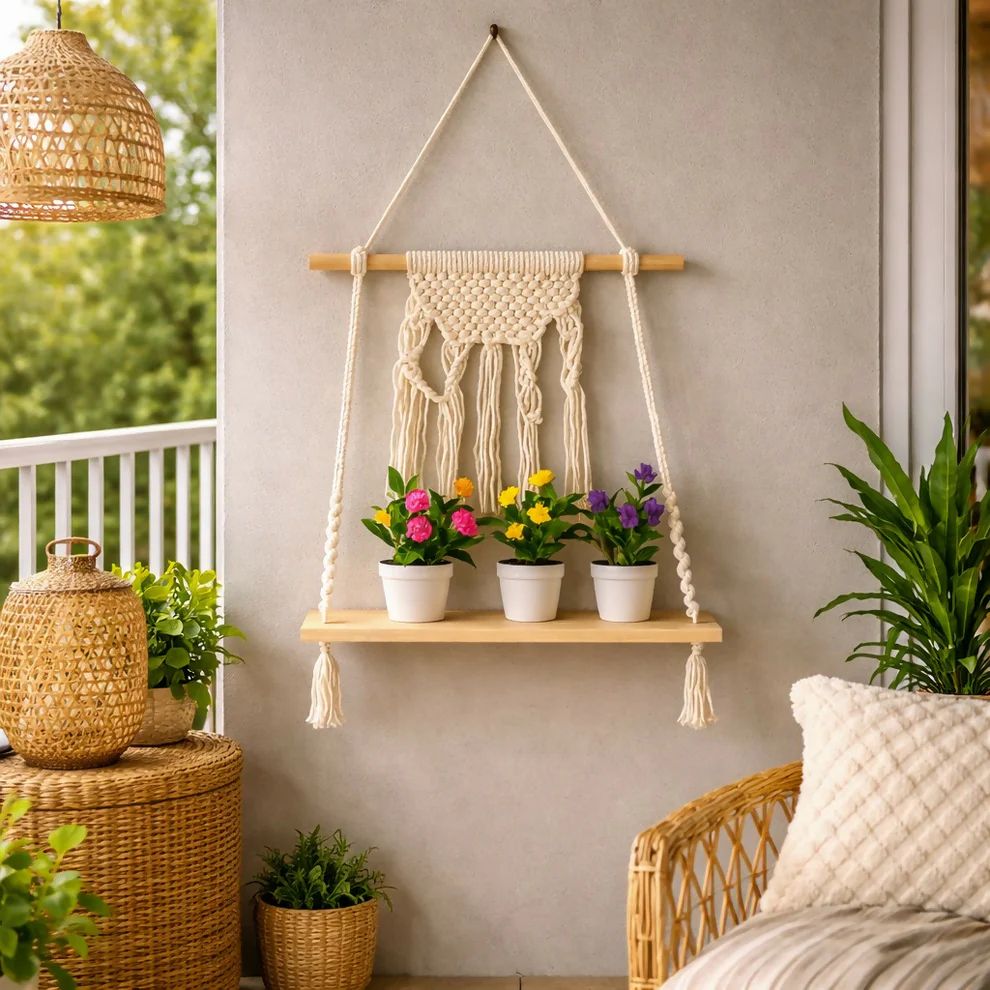 Macrame Hanging Wooden Shelf Wall Decor...