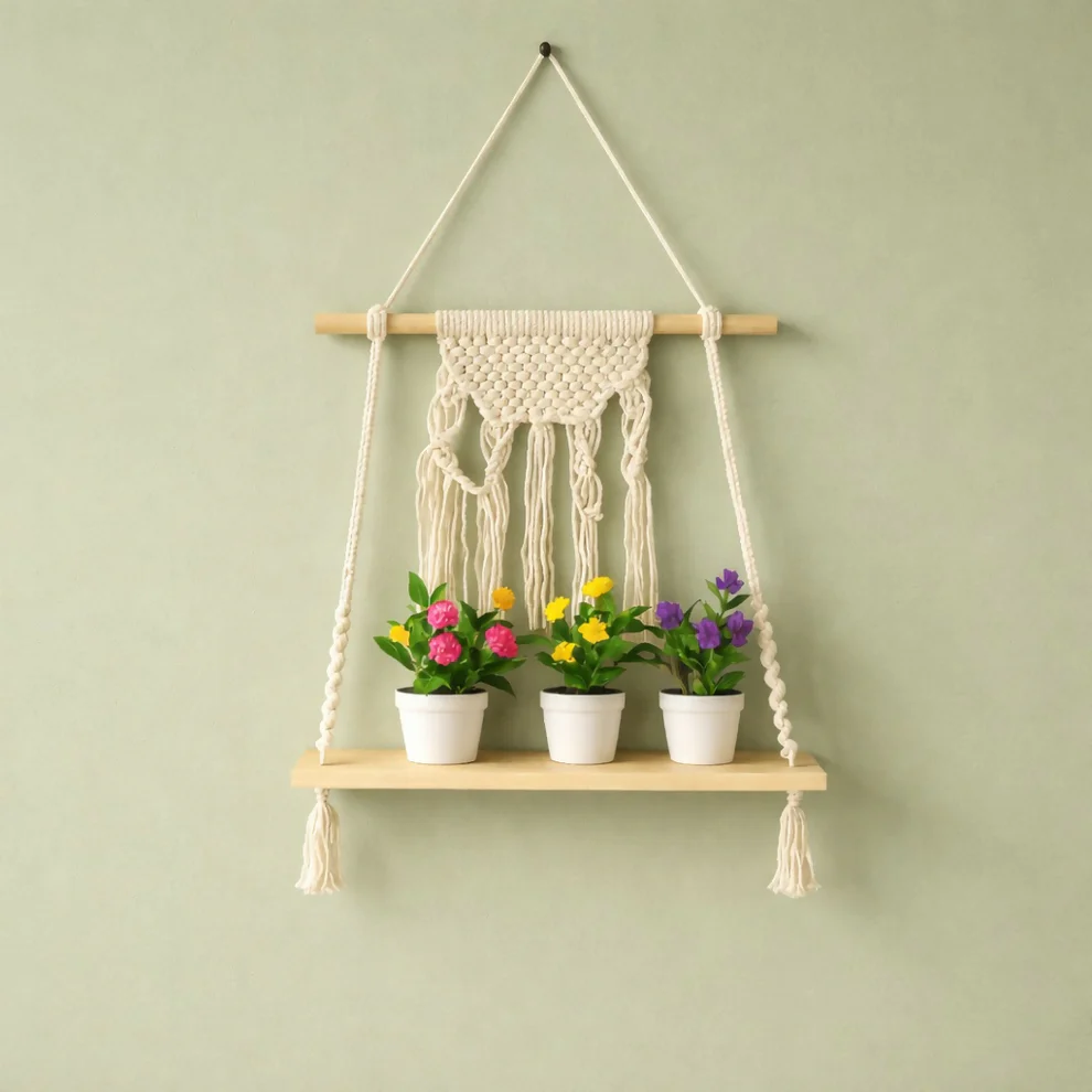 Macrame Hanging Wooden Shelf Wall Decor Display Rack with Rope