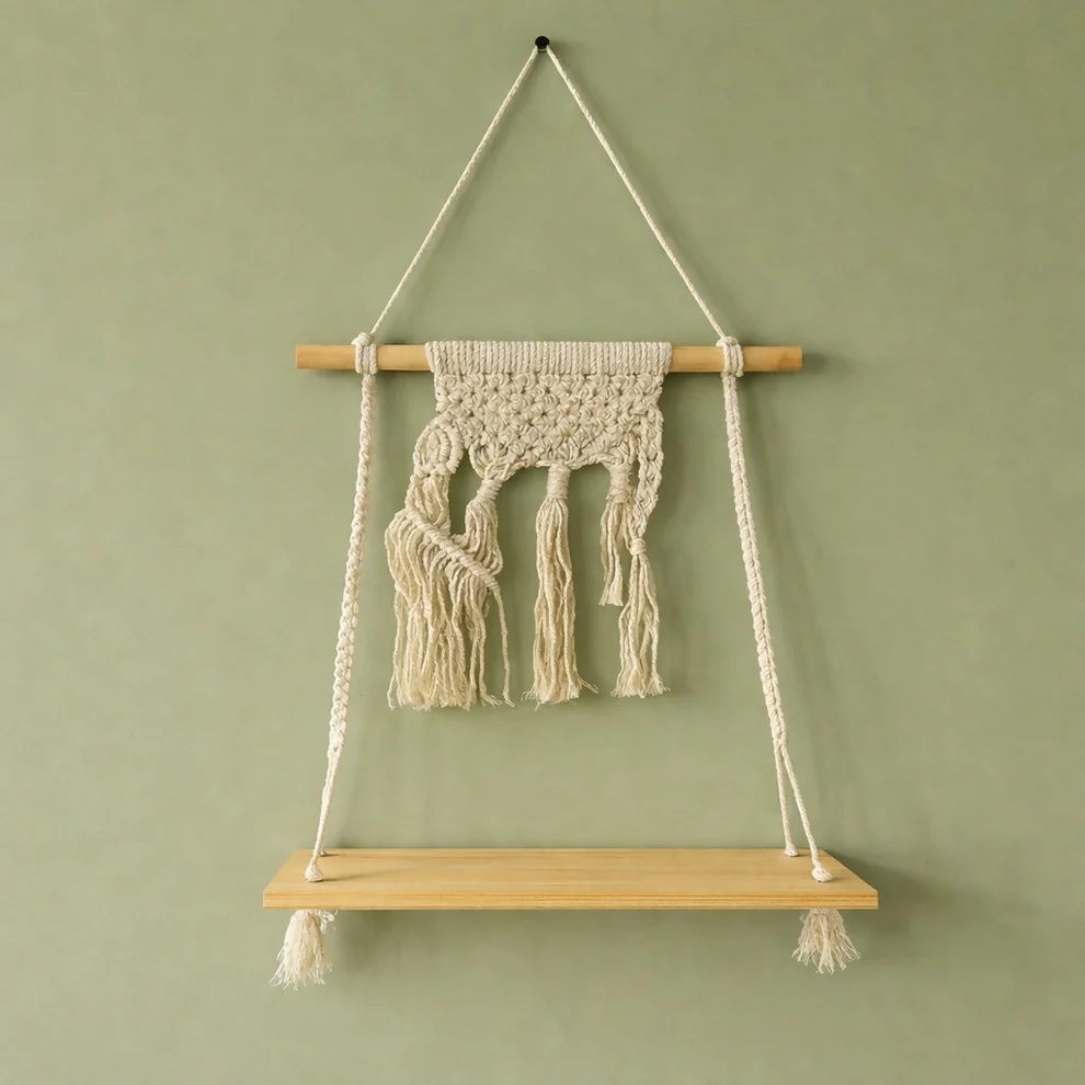 Macrame Hanging Wooden Shelf Wall Decor Display Rack with Rope