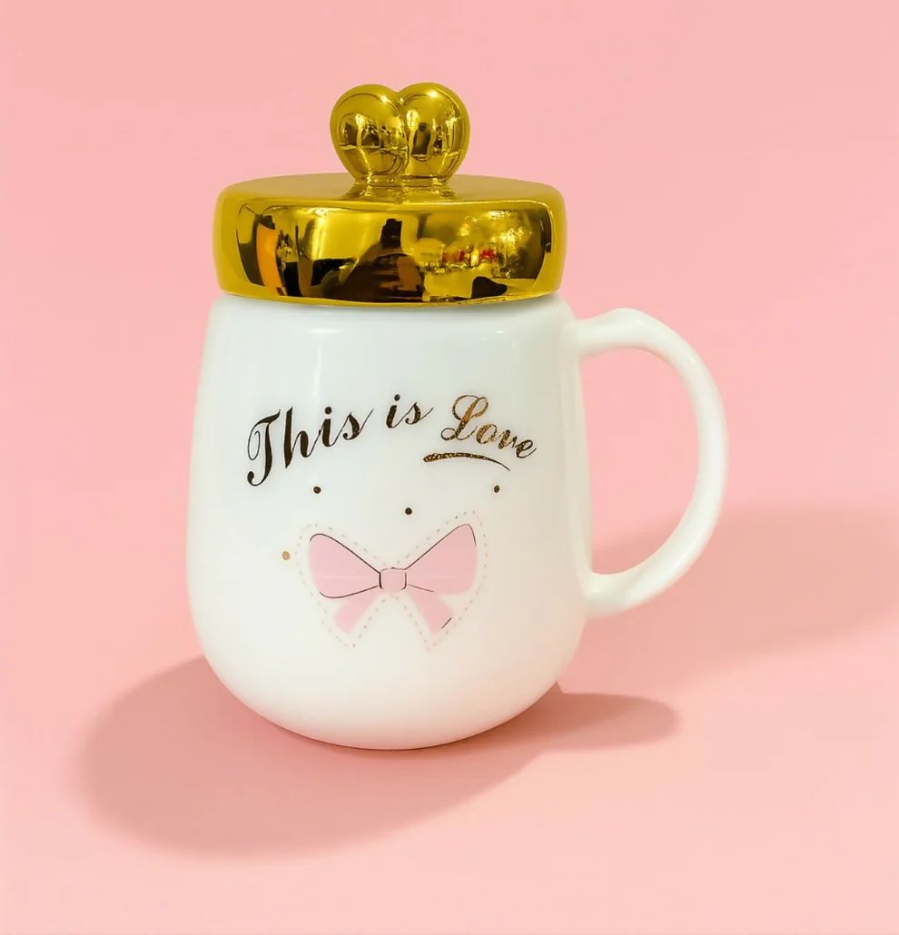 Ceramic Mug with Golden Heart Lid & Pink...