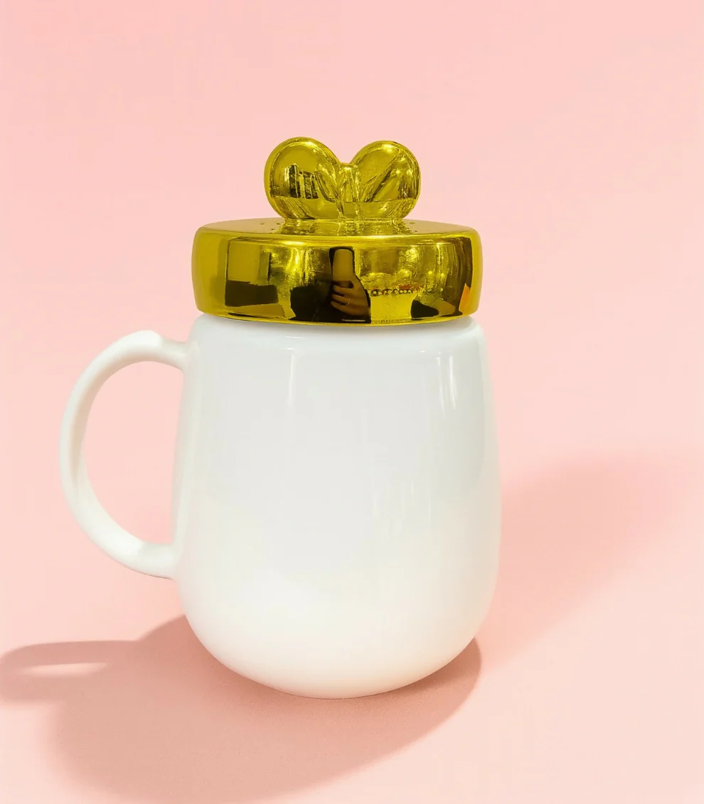 Ceramic Mug with Golden Heart Lid & Pink Bow Print