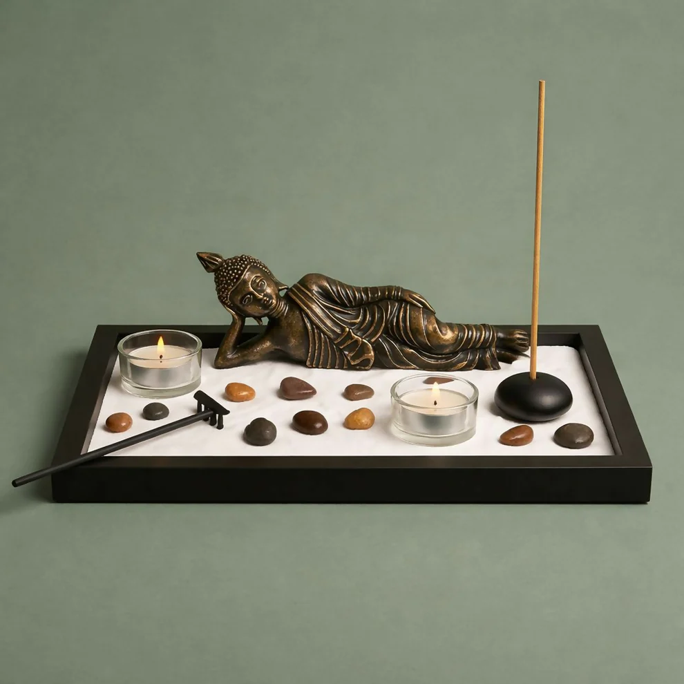 Zen Buddha Meditation Garden Set with Candles & Incense Holder Decor