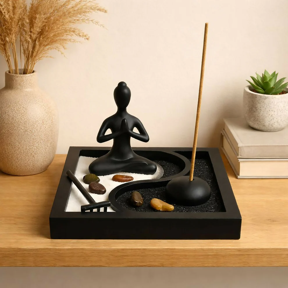 Zen Meditation Garden with Incense Holder & Decorative Sand Tray