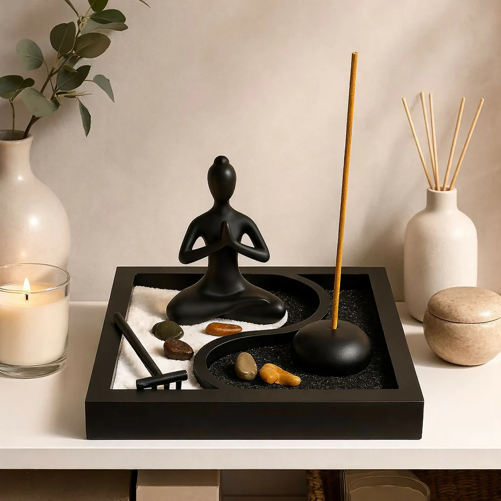 Zen Meditation Garden with Incense Holder & Decorative Sand Tray