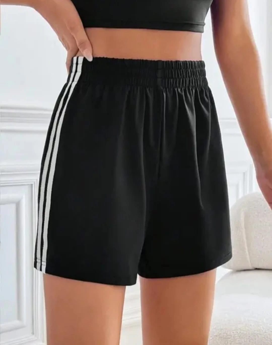 Women’s High-Waist Sports Shorts with Side Stripes – Black Activewear Shorts