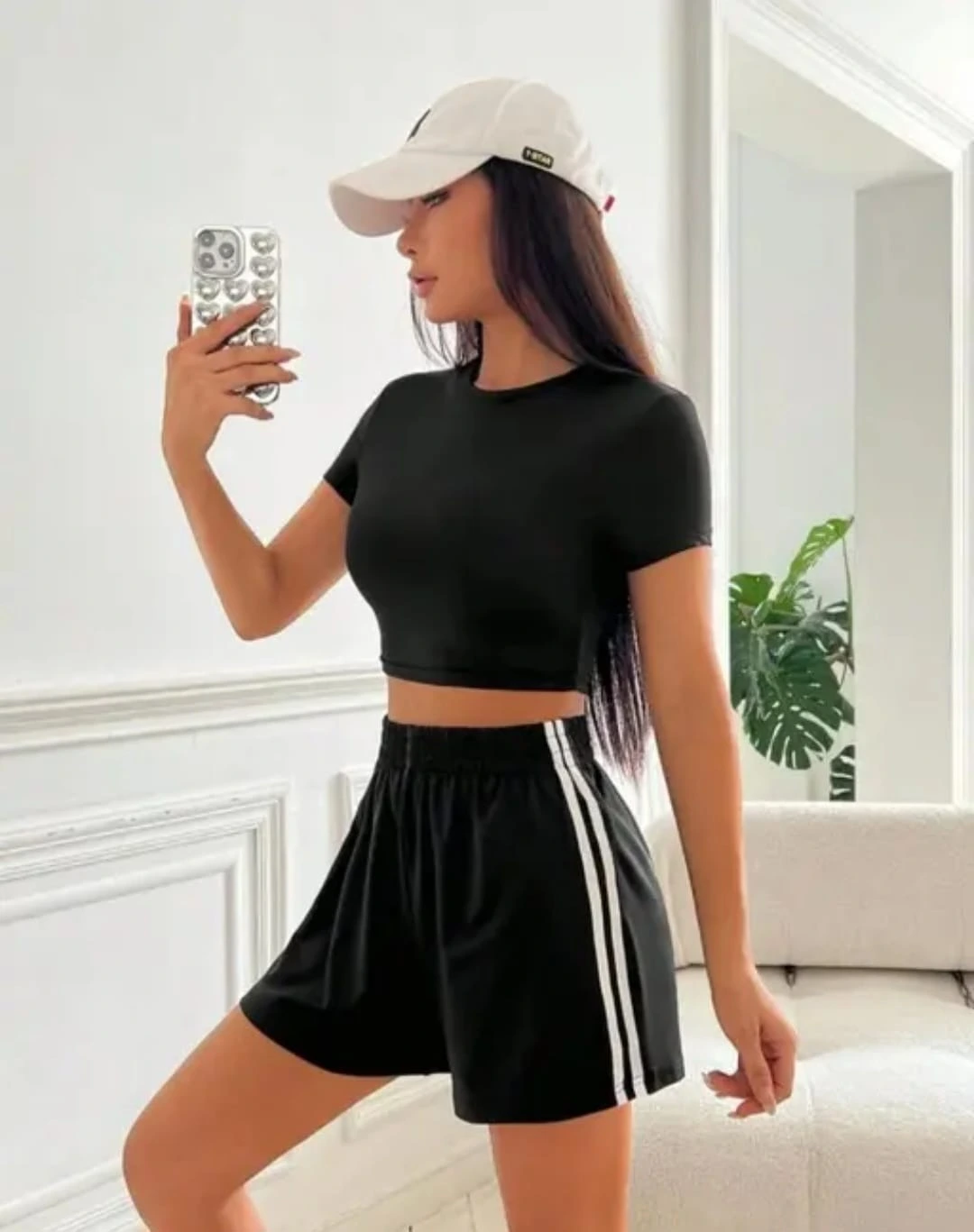 Women’s High-Waist Sports Shorts with Side Stripes – Black Activewear Shorts