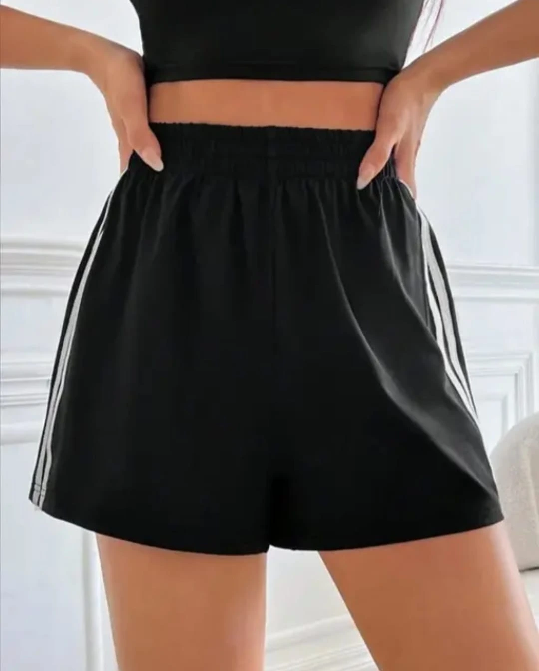 Women’s High-Waist Sports Shorts with Side Stripes – Black Activewear Shorts