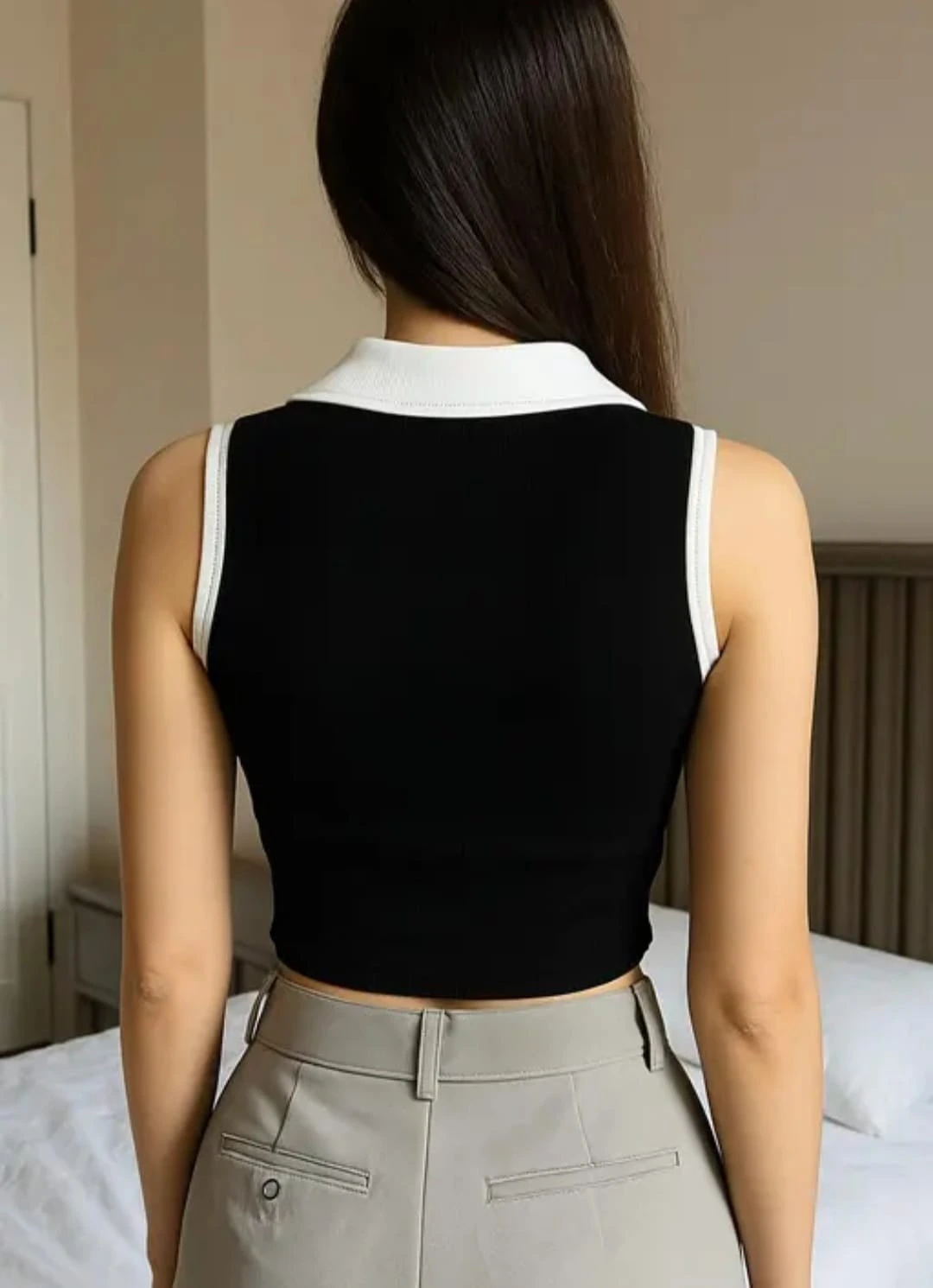 Women’s Sleeveless Crop Top “Never Give Up” Printed Casual Slim Fit T-Shirt with Collar