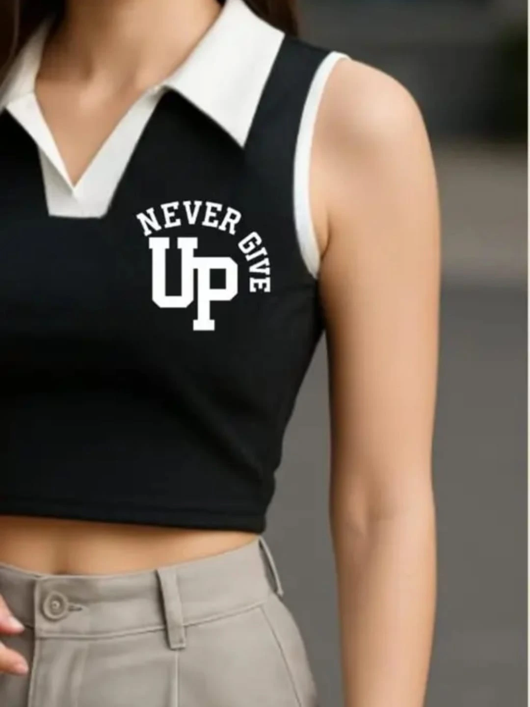 Women’s Sleeveless Crop Top “Never Give Up” Printed Casual Slim Fit T-Shirt with Collar