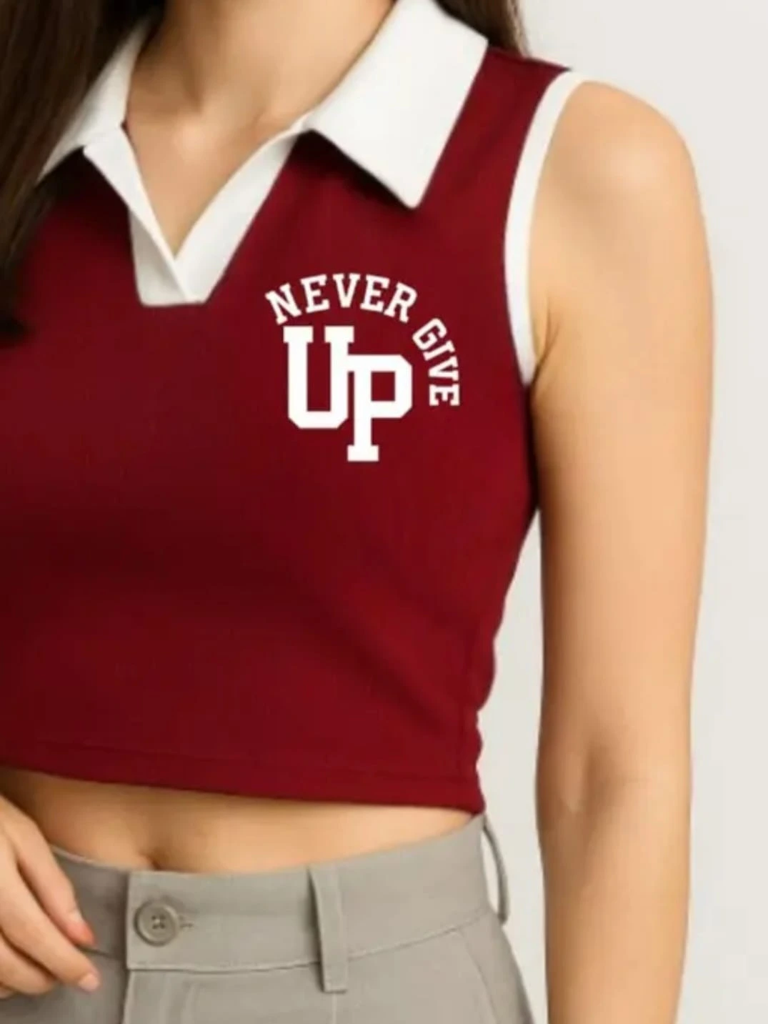 Women’s Sleeveless Crop Top “Never Give Up” Printed Casual Slim Fit T-Shirt with Collar