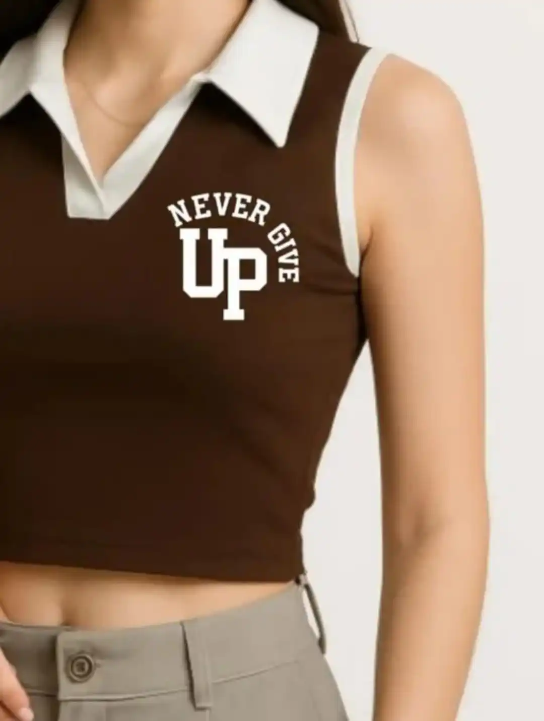 Women’s Sleeveless Crop Top “Never Give Up” Printed Casual Slim Fit T-Shirt with Collar