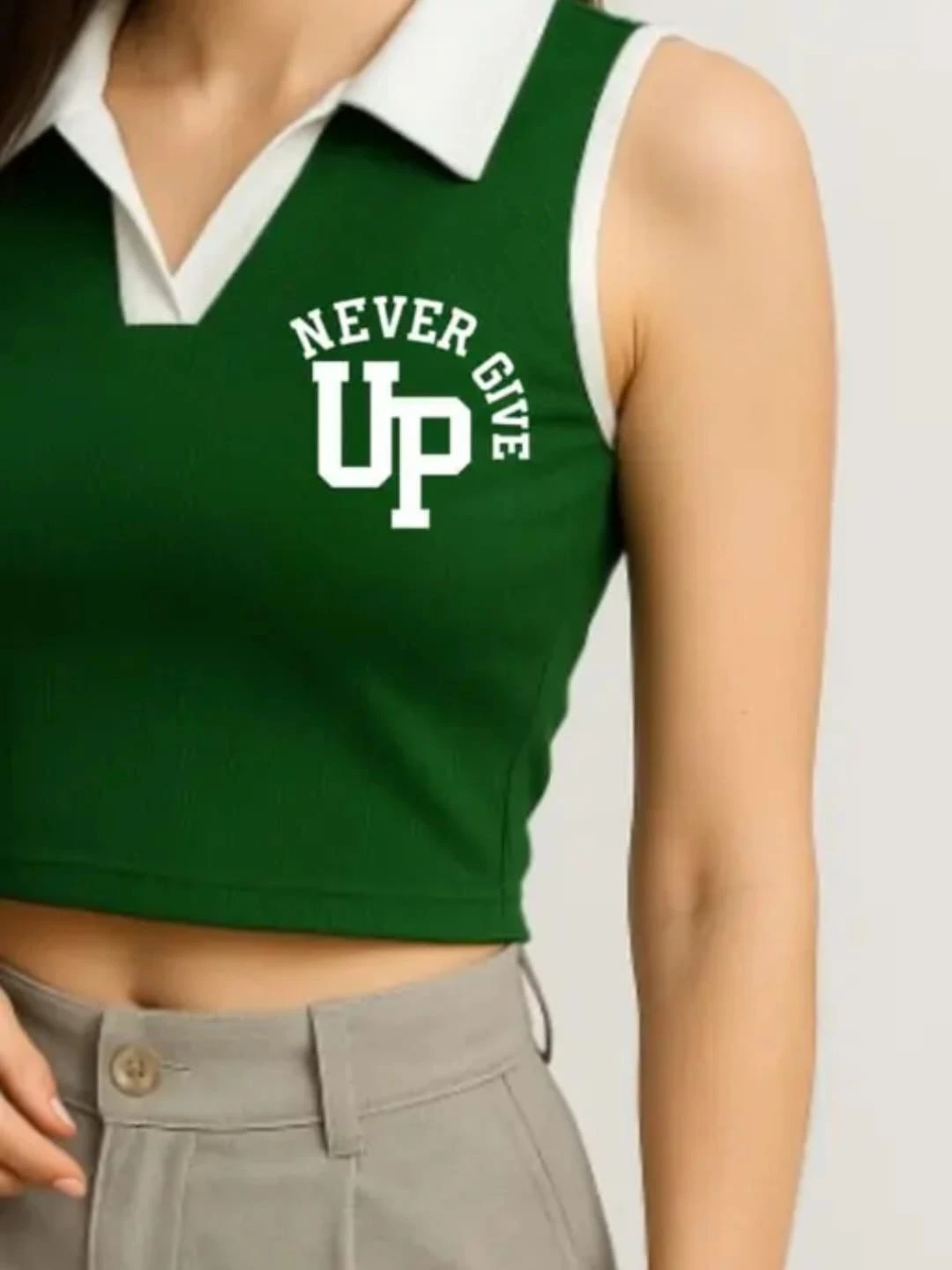 Women’s Sleeveless Crop Top “Never Give Up” Printed Casual Slim Fit T-Shirt with Collar