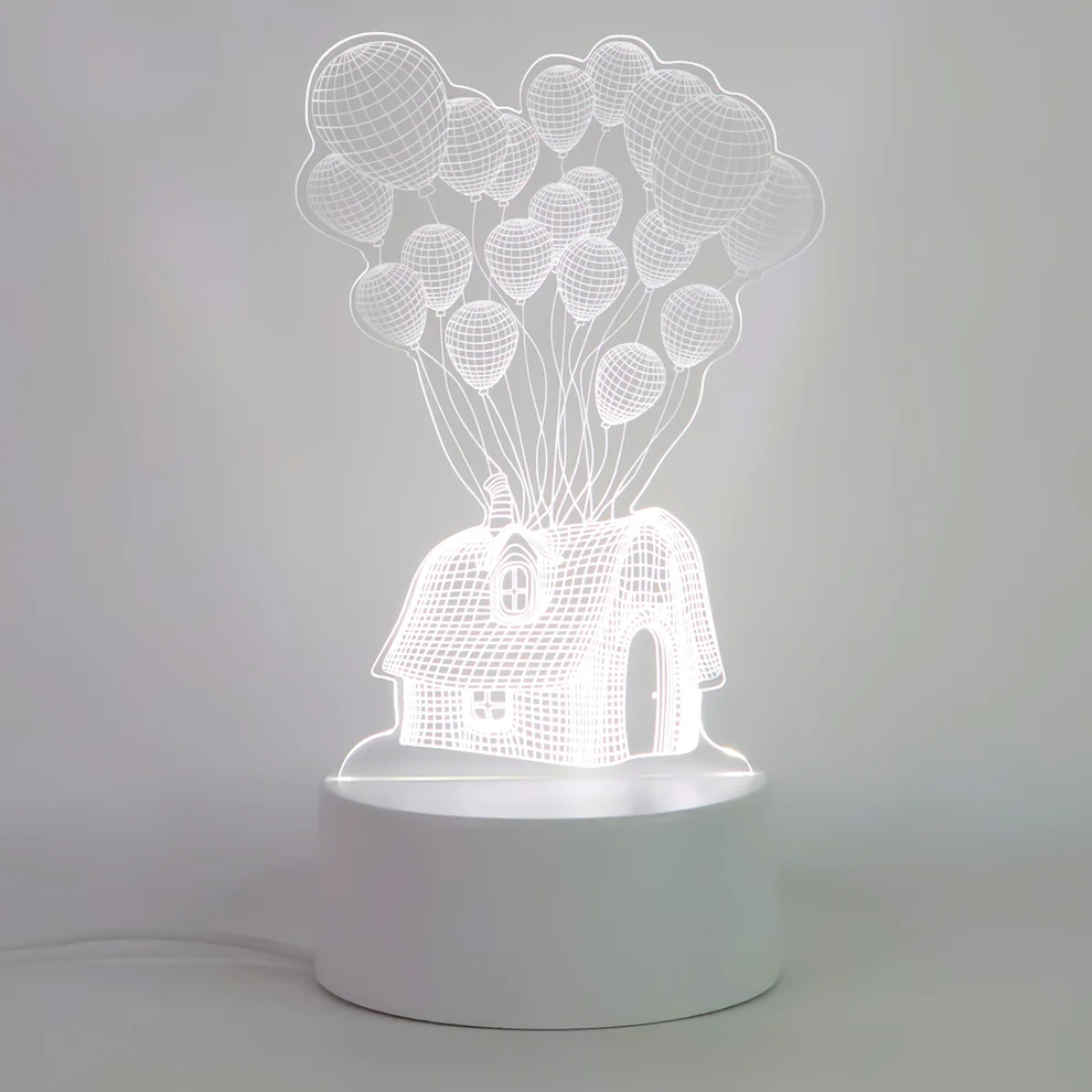 3D Illusion LED Night Lamp with House and Balloons Design