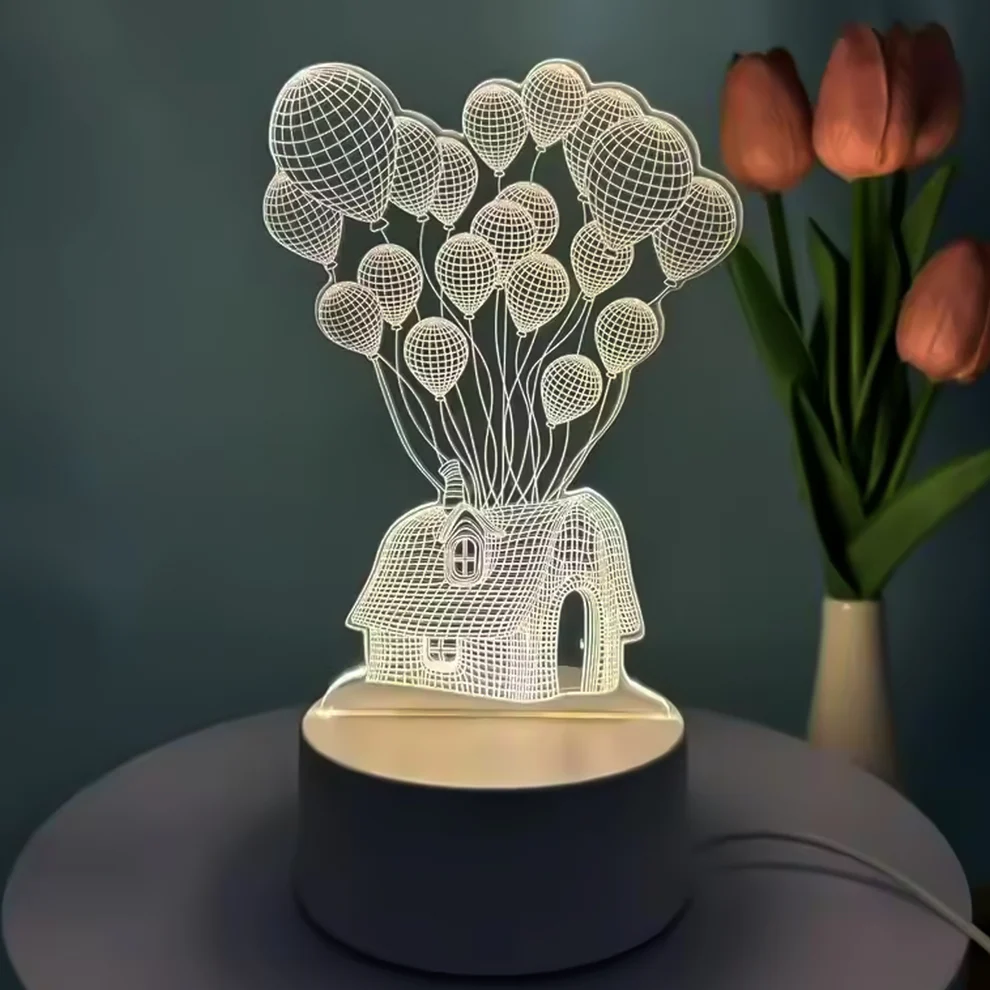 3D Illusion LED Night Lamp with House and Balloons Design
