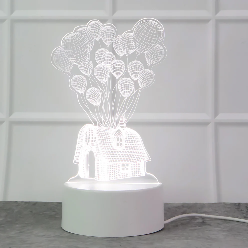 3D Illusion LED Night Lamp with House and Balloons Design