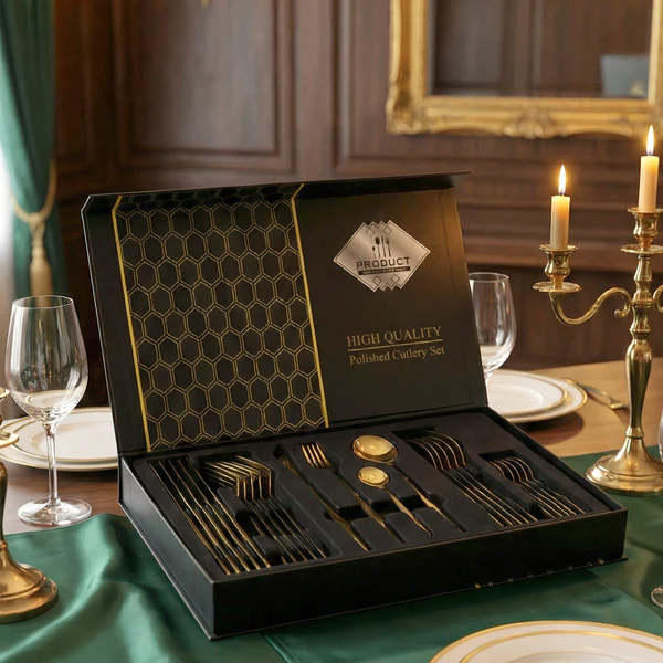 Premium Gold Finish Stainless Steel Cutlery Set with Luxury Gift Box (24 Pc Set)