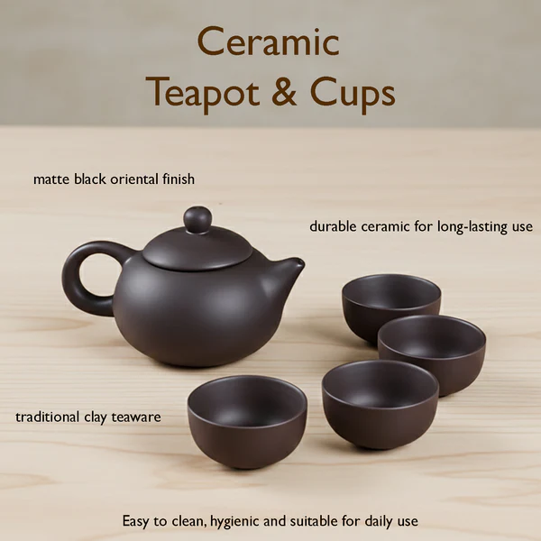Premium Black Clay / Ceramic Tea Set with Teapot & 4 Cups