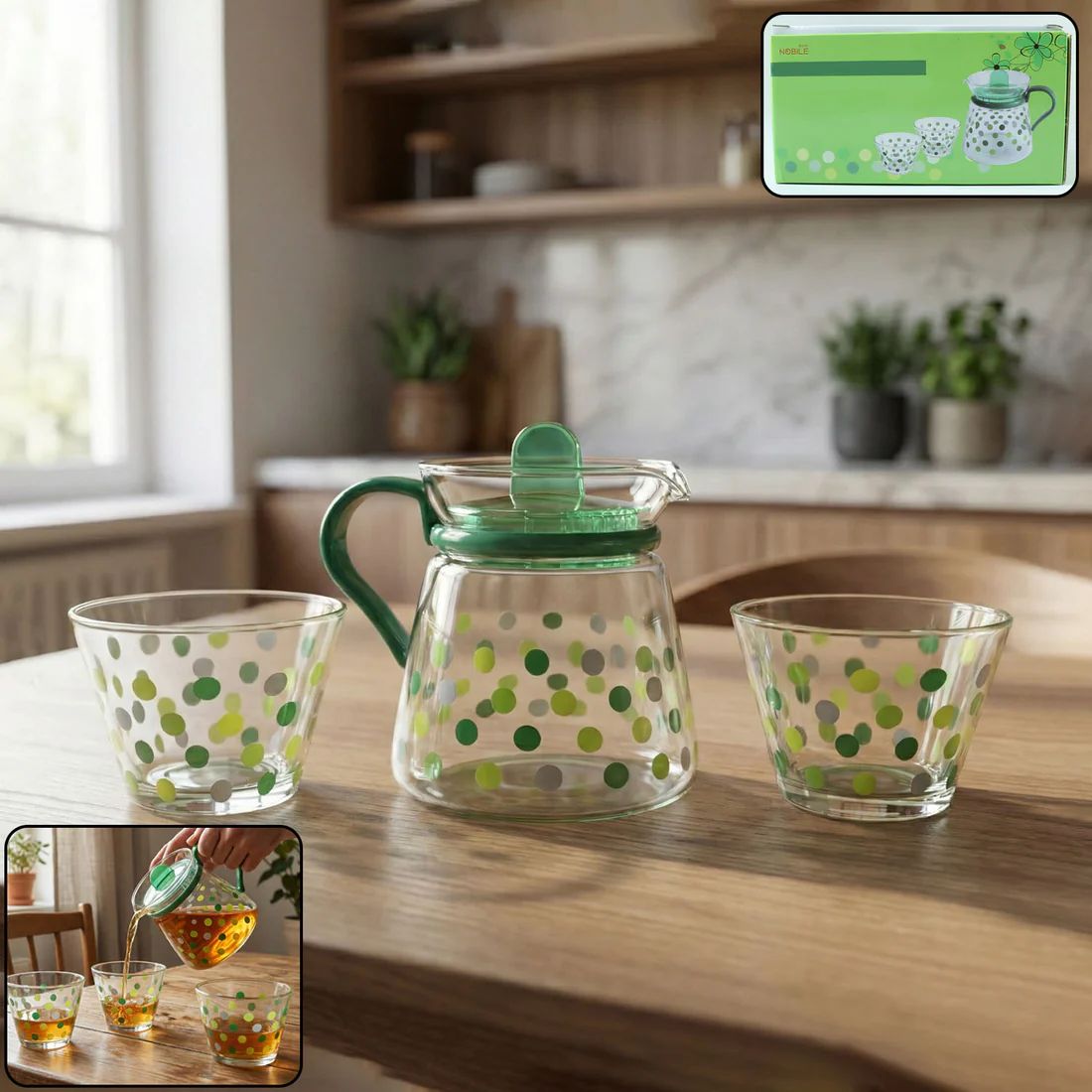 Elegant Glass Tea Pot with Matching Cups...