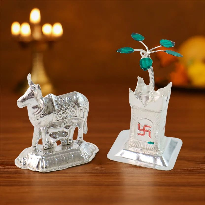 Silver-Plated Kamdhenu Cow & Tulsi Plant...