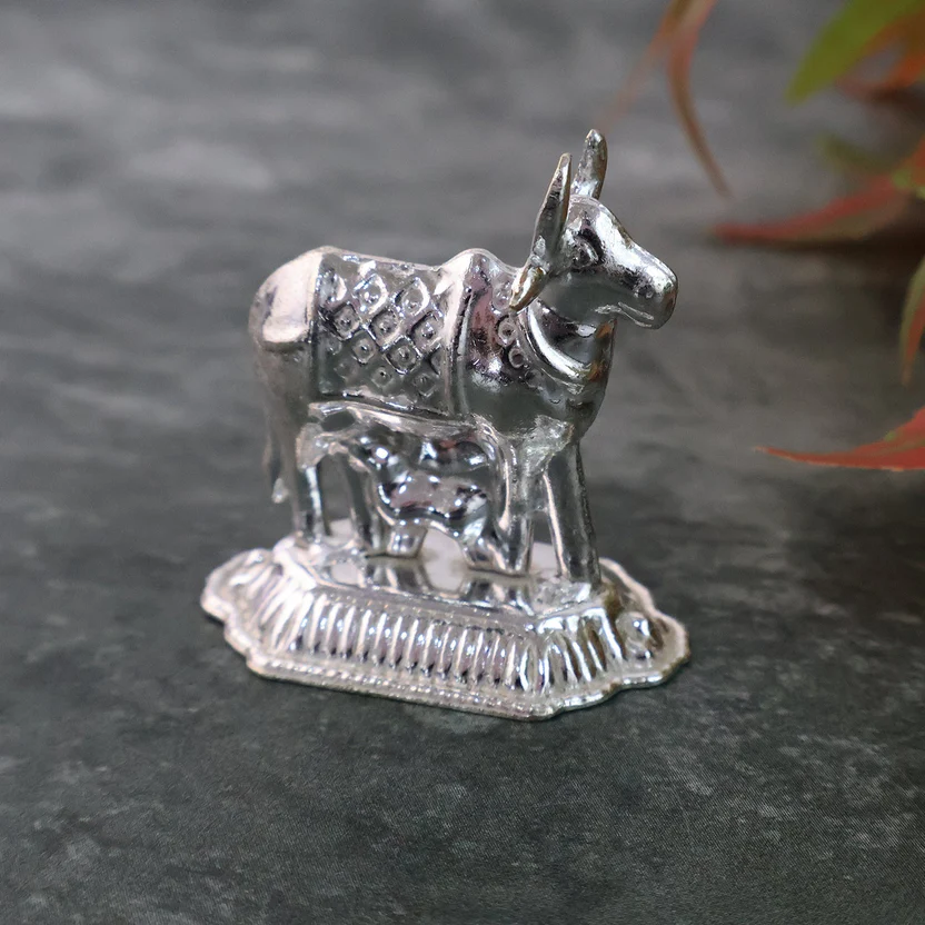 Silver-Plated Kamdhenu Cow & Tulsi Plant Pair – Pooja & Home Décor