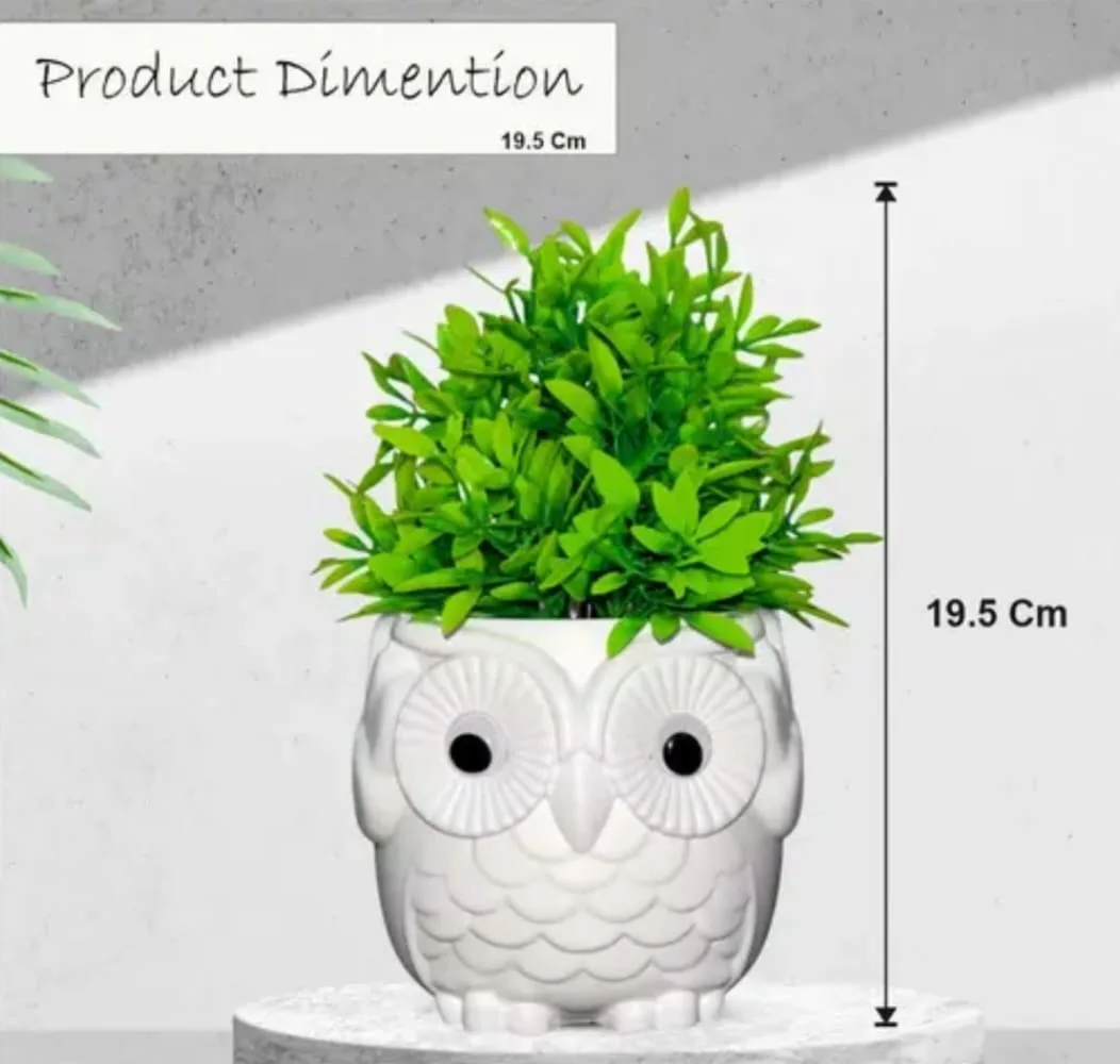 Cute Owl Shaped Decorative Pot with Artificial Plant for Home & Office Decor (Pack of 2)