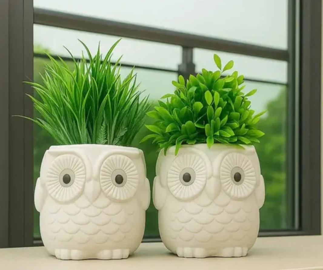 Cute Owl Shaped Decorative Pot with Artificial Plant for Home & Office Decor (Pack of 2)