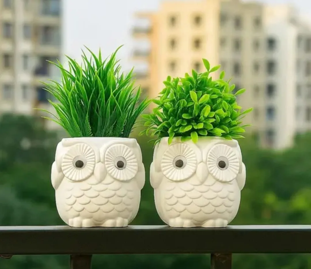 Cute Owl Shaped Decorative Pot with Artificial Plant for Home & Office Decor (Pack of 2)