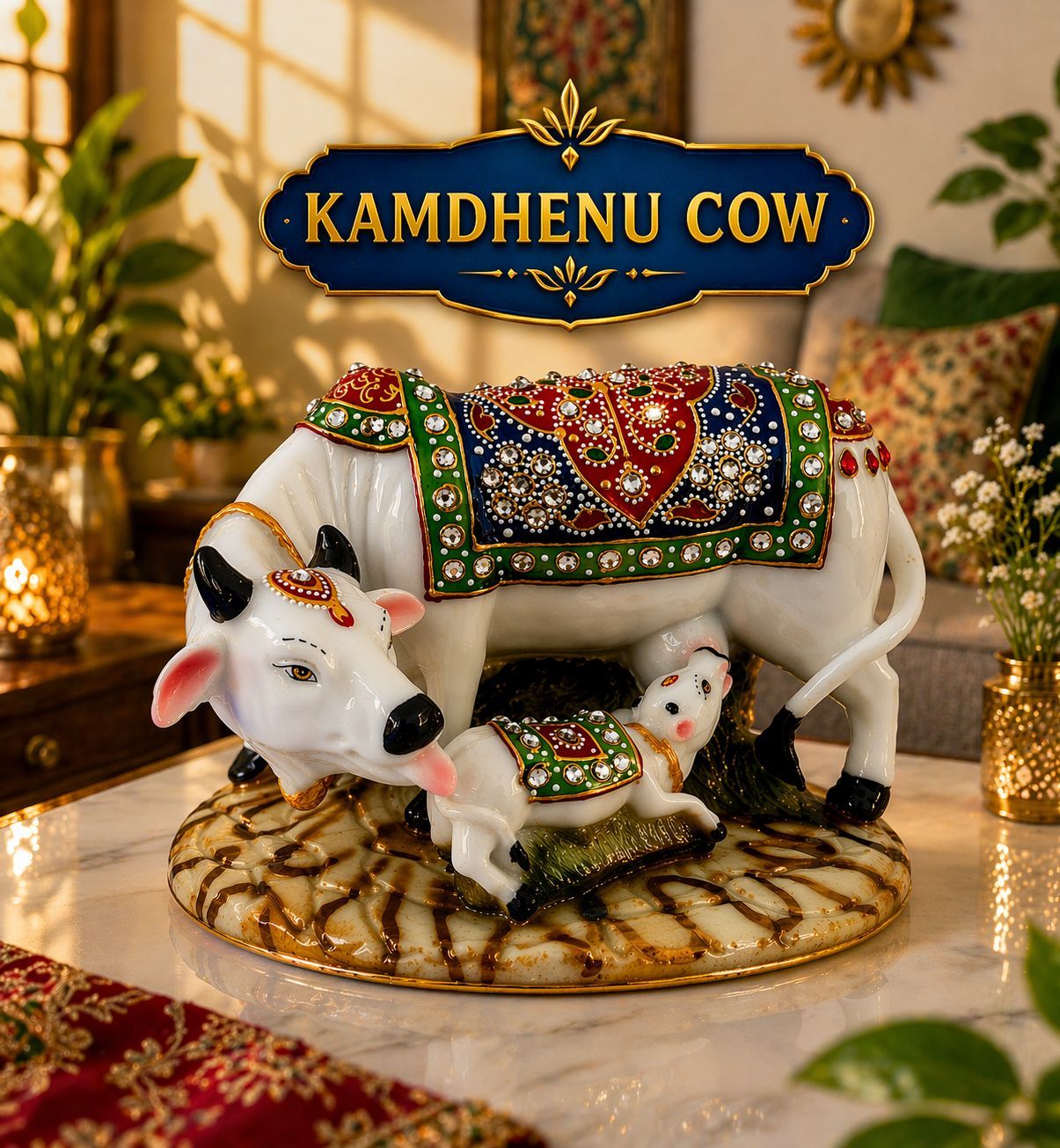 Kamdhenu Cow and Calf Showpiece | Good Luck Gift | Handicraft Polyresin Decorative Statue | 5x3x3 Inch | Export Quality