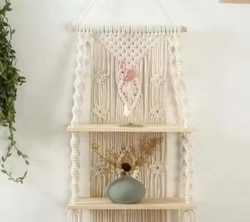 Boho Macrame Wall Hanging Shelf | Handmade Cotton Rope Organizer | Wooden Display Rack