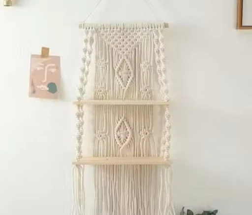 Boho Macrame Wall Hanging Shelf | Handmade Cotton Rope Organizer | Wooden Display Rack