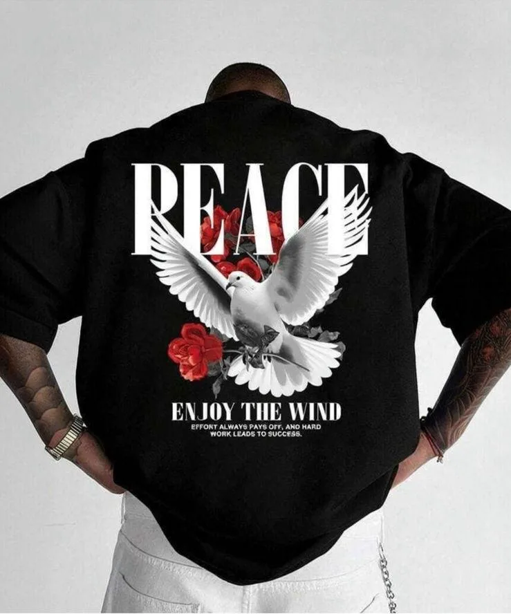 Peace Dove Graphic Oversized Black T-Shirt for Men | Back Print Tee