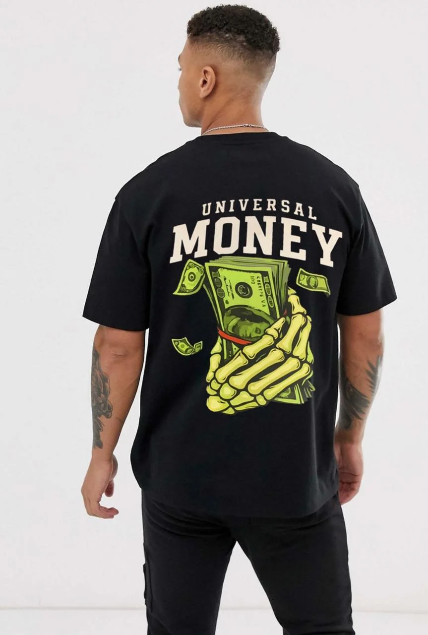 Universal Money Graphic Oversized Black T-Shirt for Men | Trendy Back Print Tee