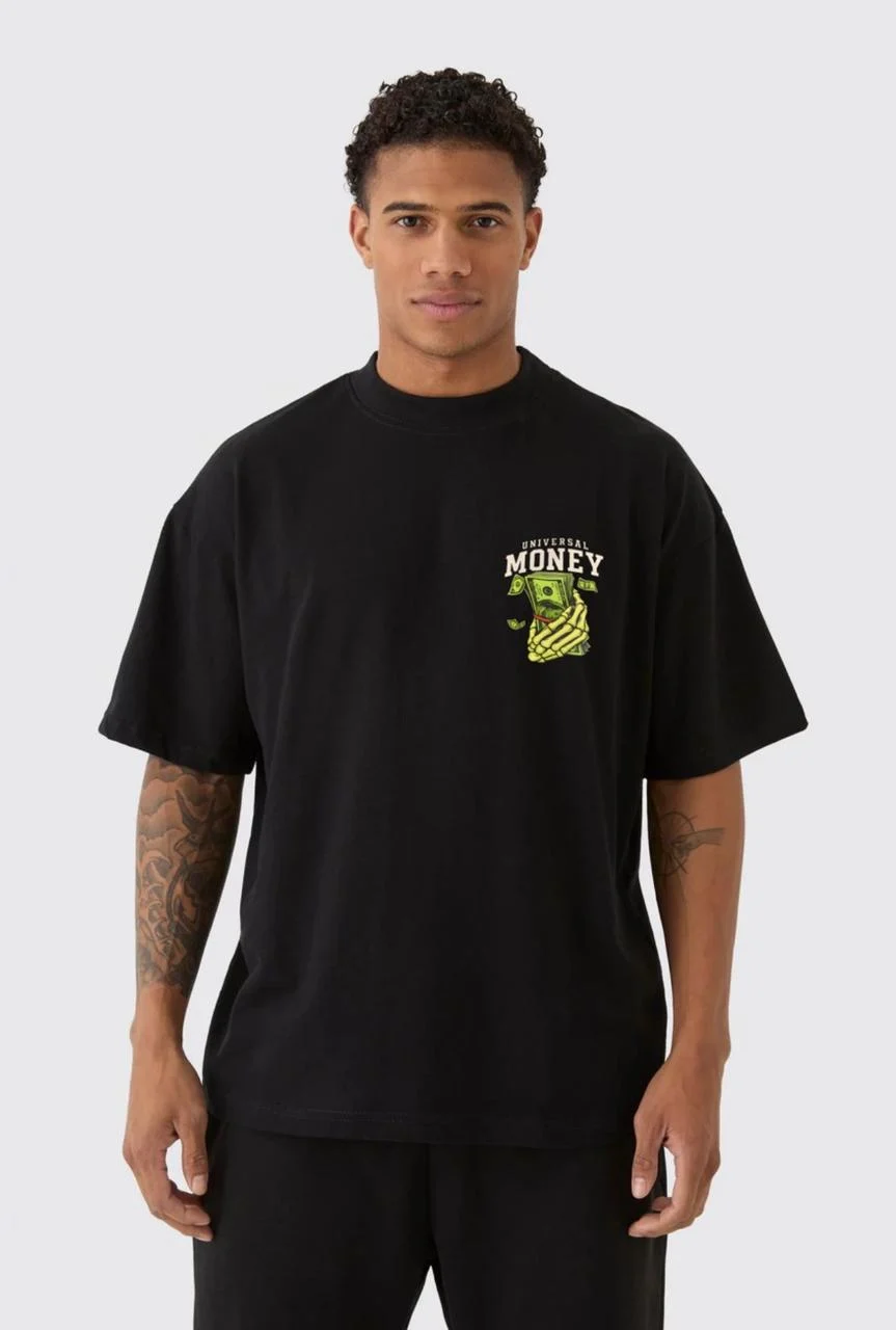 Universal Money Graphic Oversized Black T-Shirt for Men | Trendy Back Print Tee